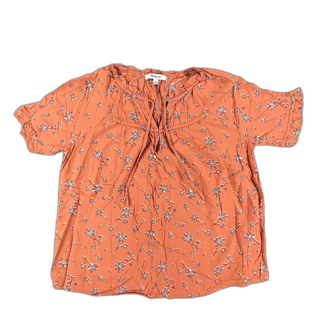 Madewell Tie-Neck Peasant Top Ginger Floral XS Rust Orange Boho Earthy Boho Rust